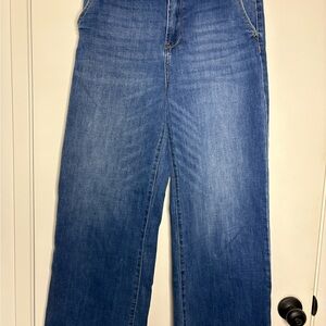 Blue Wide Leg Flare Jeans with Faded Details
